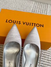 BLOSSOM PUMP 7 CM IN SILVER IMPORTED STRIPED SILK SATIN