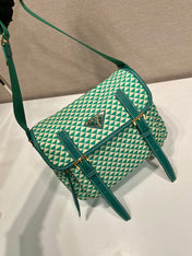 MESSENGER BAG 25 IN FOREST GREEN MIX CREAM TRIANGLE PATTERN EMBROIDERED FABRIC