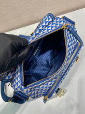 MESSENGER BAG 25 IN BLUE MIX WHITE TRIANGLE PATTERN EMBROIDERED FABRIC