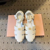 MIUMIU 26S FISHERMAN SANDALS IN WHITE RUCHES NAPPA CALFSKIN