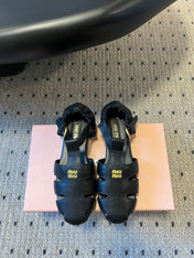 MIUMIU 26S FISHERMAN SANDALS IN BLACK RUCHES NAPPA CALFSKIN