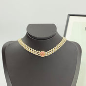 CD 26S MULTI-STRAND PEARL PINK ENAMEL MEDALLION CHOKER NECKLACE IN GOLD METAL 633190