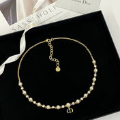 CD 26S CD LOGO PEARL & CRYSTAL BEADED CHAIN NECKLACE IN GOLD METAL 633243