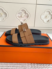 HM 26S KELLY BUCKLE DOUBLE STRAP SANDALS IN BROWN CALFSKIN GOLD HARDWARE