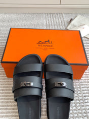 HM 26S KELLY BUCKLE DOUBLE STRAP SANDALS IN BLACK CALFSKIN BLACK HARDWARE