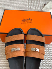 HM 26S KELLY BUCKLE DOUBLE STRAP SANDALS IN BROWN SUEDE SILVER HARDWARE