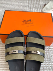 HM 26S KELLY BUCKLE DOUBLE STRAP SANDALS IN MOSS GREEN SUEDE SILVER HARDWARE