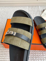 HM 26S KELLY BUCKLE DOUBLE STRAP SANDALS IN MOSS GREEN SUEDE SILVER HARDWARE