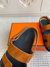 HM 26S CHYPRE SANDAL WITH BACK STRAP IN CARAMEL BROWN SUEDE