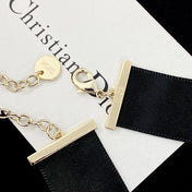 CD 26S HEART CRYSTAL PEARL DROP RIBBON CHOKER NECKLACE IN GOLD METAL