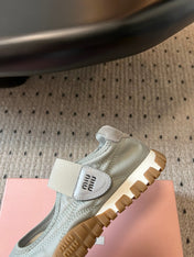 MIUMIU 26S BALLERINAS SHOES IN SAGE GREEN TYRE TECHNICAL FABRIC GREY SUEDE