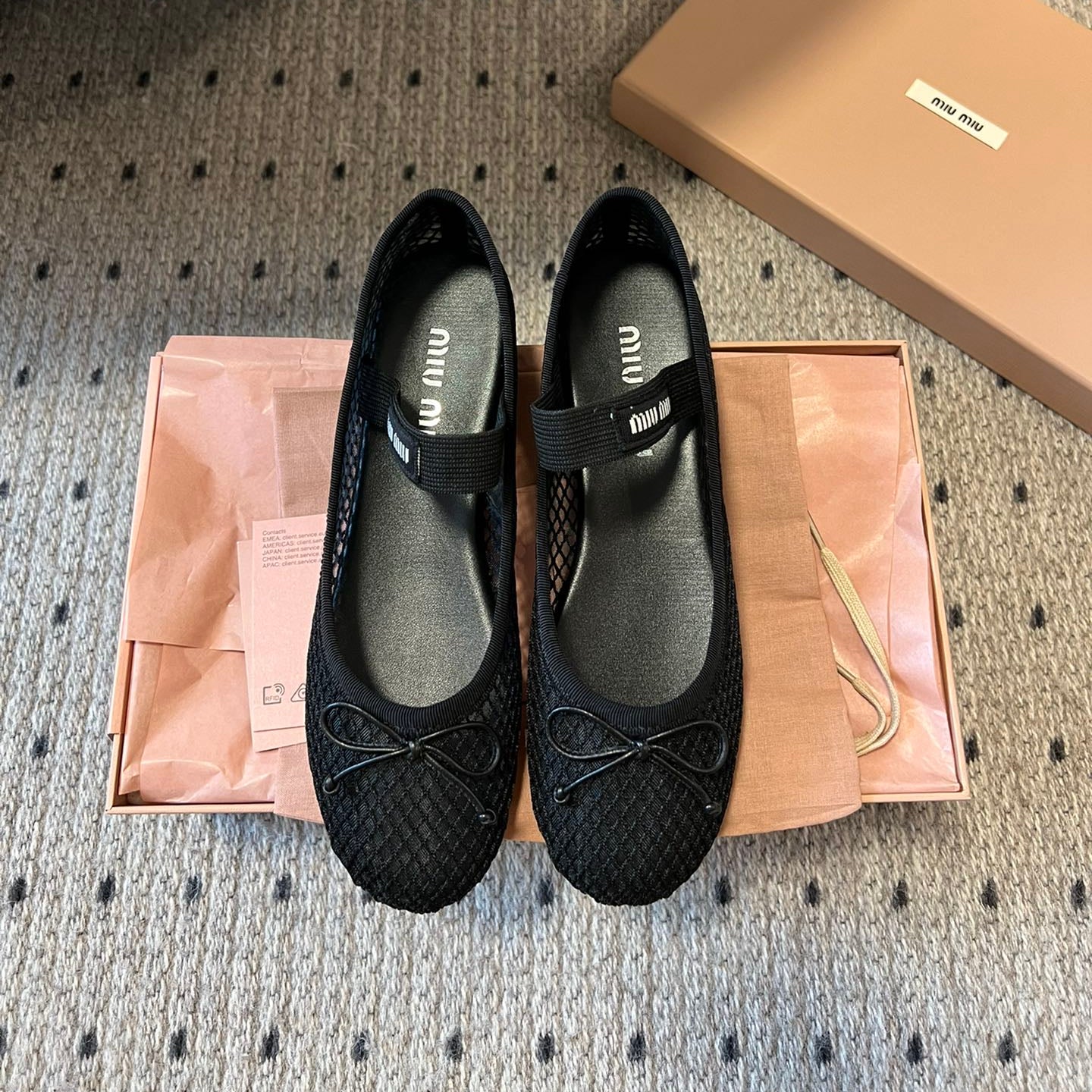 MIUMIU 26S BALLERINAS IN BLACK MESH FABRIC WITH BOW