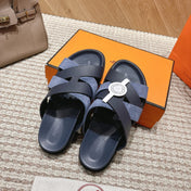 HM 26S CROSS-STRAP SLIDE SANDALS IN NAVY BLUE CALFSKIN AND BLUE SUEDE