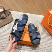 HM 26S CROSS-STRAP SLIDE SANDALS IN NAVY BLUE CALFSKIN AND BLUE SUEDE