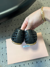 MIUMIU 26S BALLERINA FLATS IN BLACK MESH SHEEPSKIN