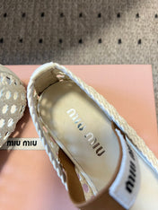 MIUMIU 26S BALLERINA FLATS IN CREAM WHITE MESH SHEEPSKIN