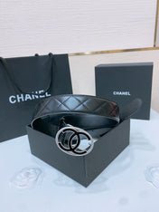 DOUBLE C BELT 38MM IN BLACK QUILTED LAMBSKIN SILVER OVAL BUCKLE CENTERED BLACK LOGO