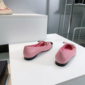CHANEL FLAT MARY JANE SHOES 25S IN PINK LAMBSKIN MIX BLACK GLOSSY WITH BOW