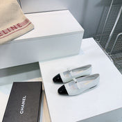 CHANEL FLAT MARY JANE SHOES 25S IN WHITE LAMBSKIN MIX BLACK GLOSSY WITH BOW