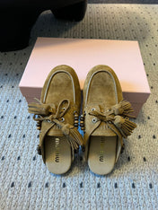 MIUMIU 26S MULES IN OLIVE BROWN SUEDE