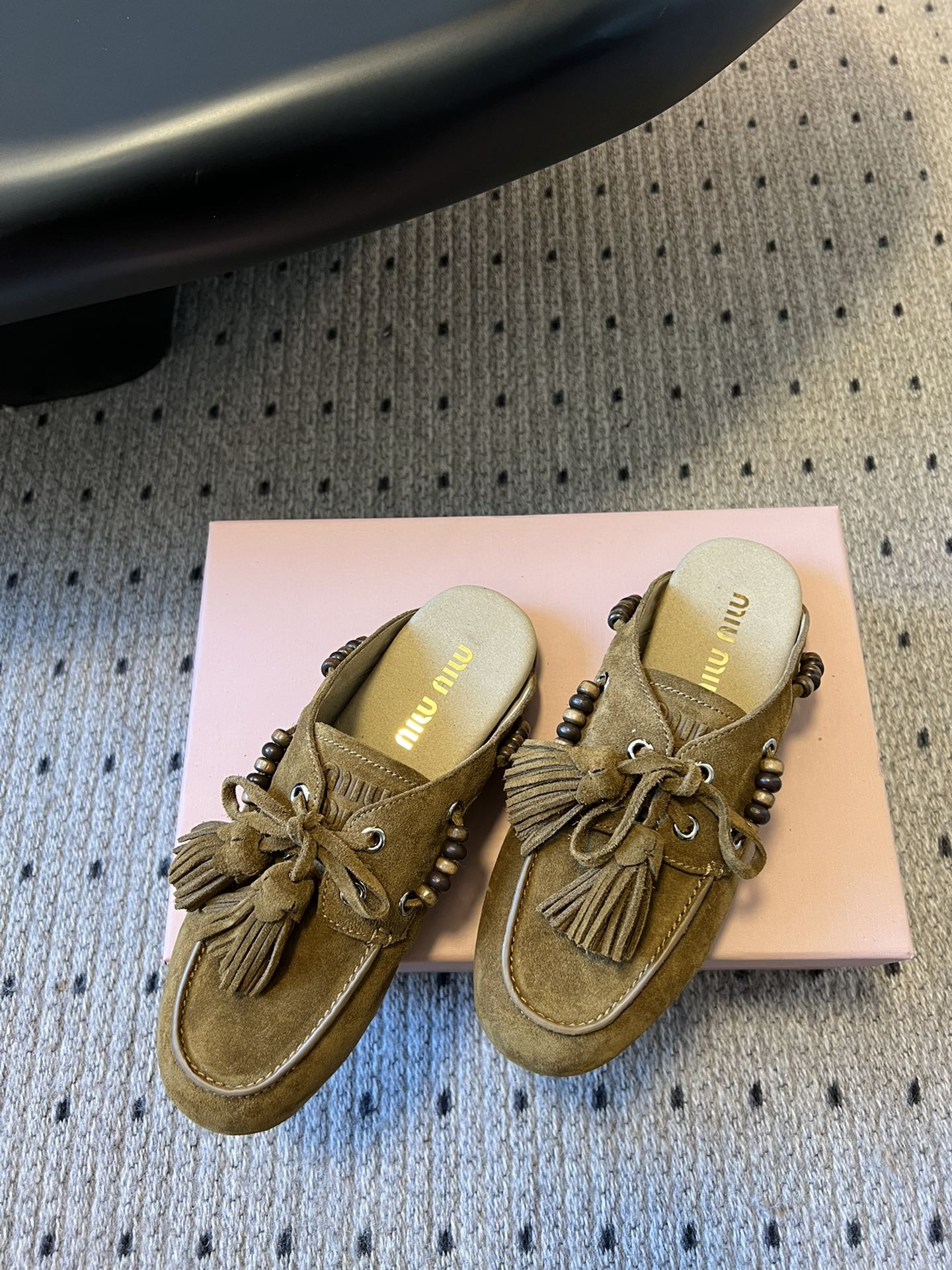 MIUMIU 26S MULES IN OLIVE BROWN SUEDE