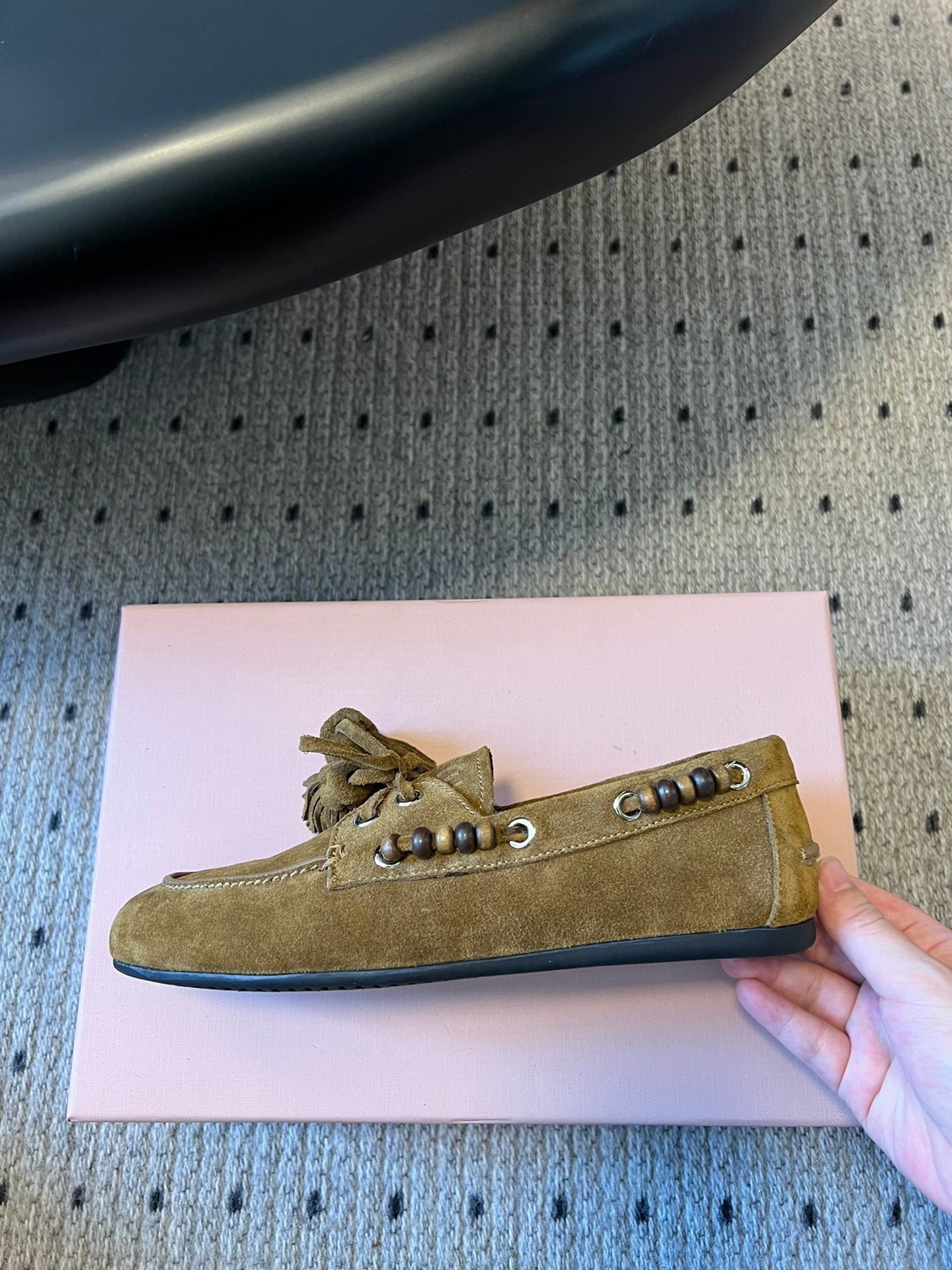 MIUMIU 26S TASSEL LOAFERS IN OLIVE BROWN SUEDE