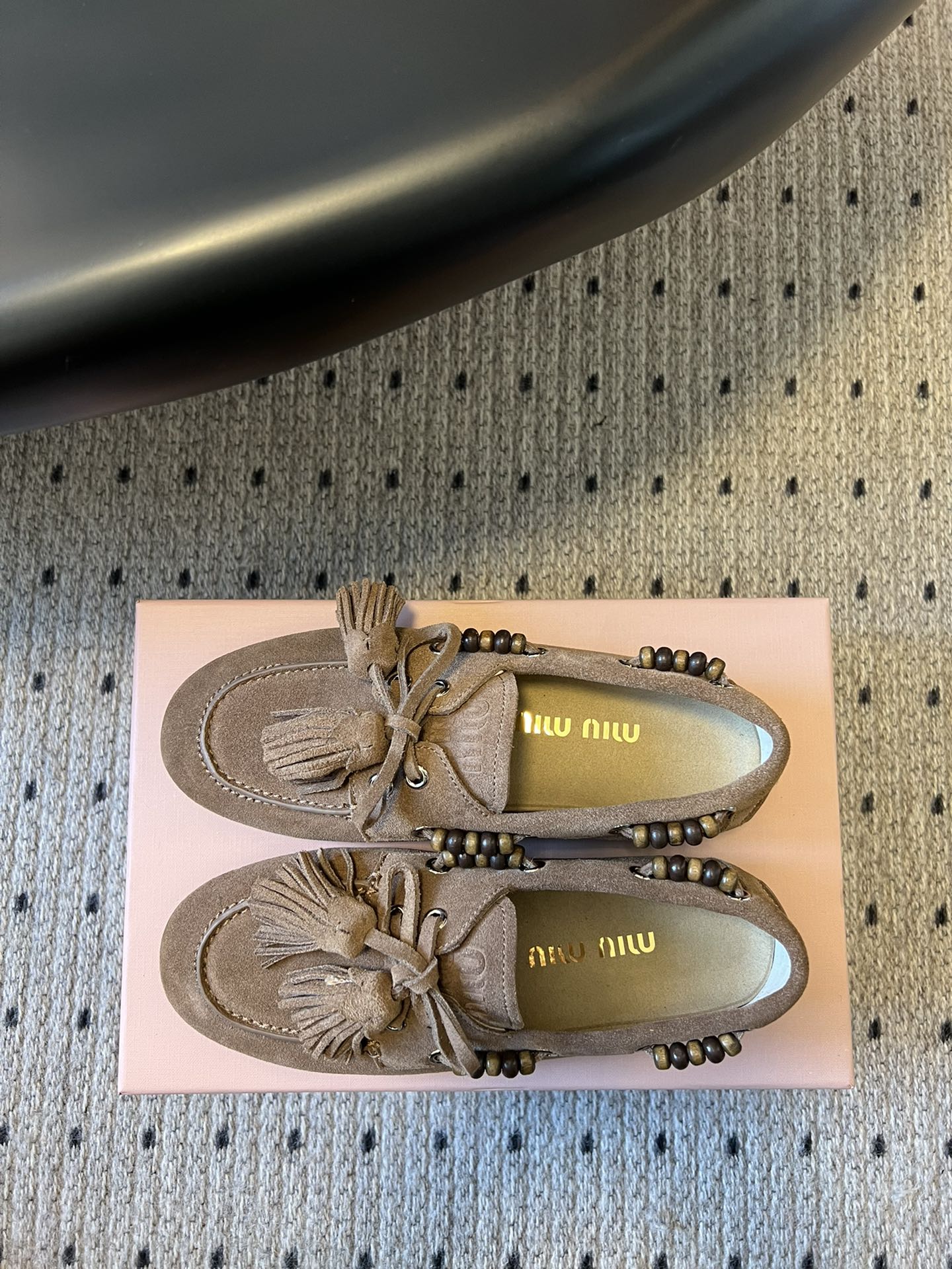 MIUMIU 26S TASSEL LOAFERS IN TAUPE BROWN SUEDE