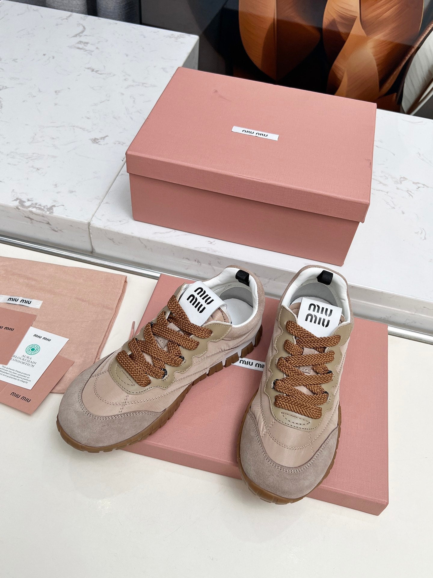 MIUMIU 26S SNEAKERS IN BROWN FABRIC AND SUEDE