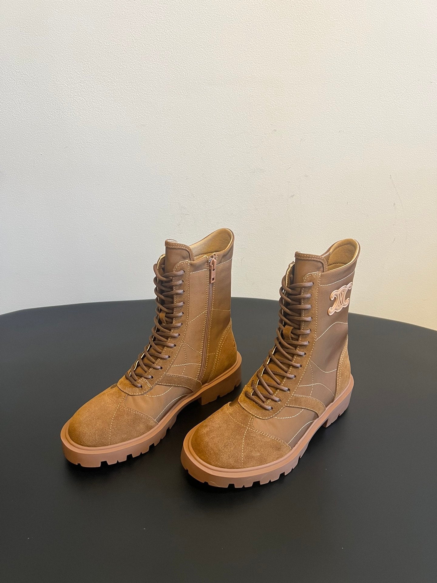 CELINE 26S LACE-UP ANKLE BOOTS IN BROWN SUEDE AND CANVAS