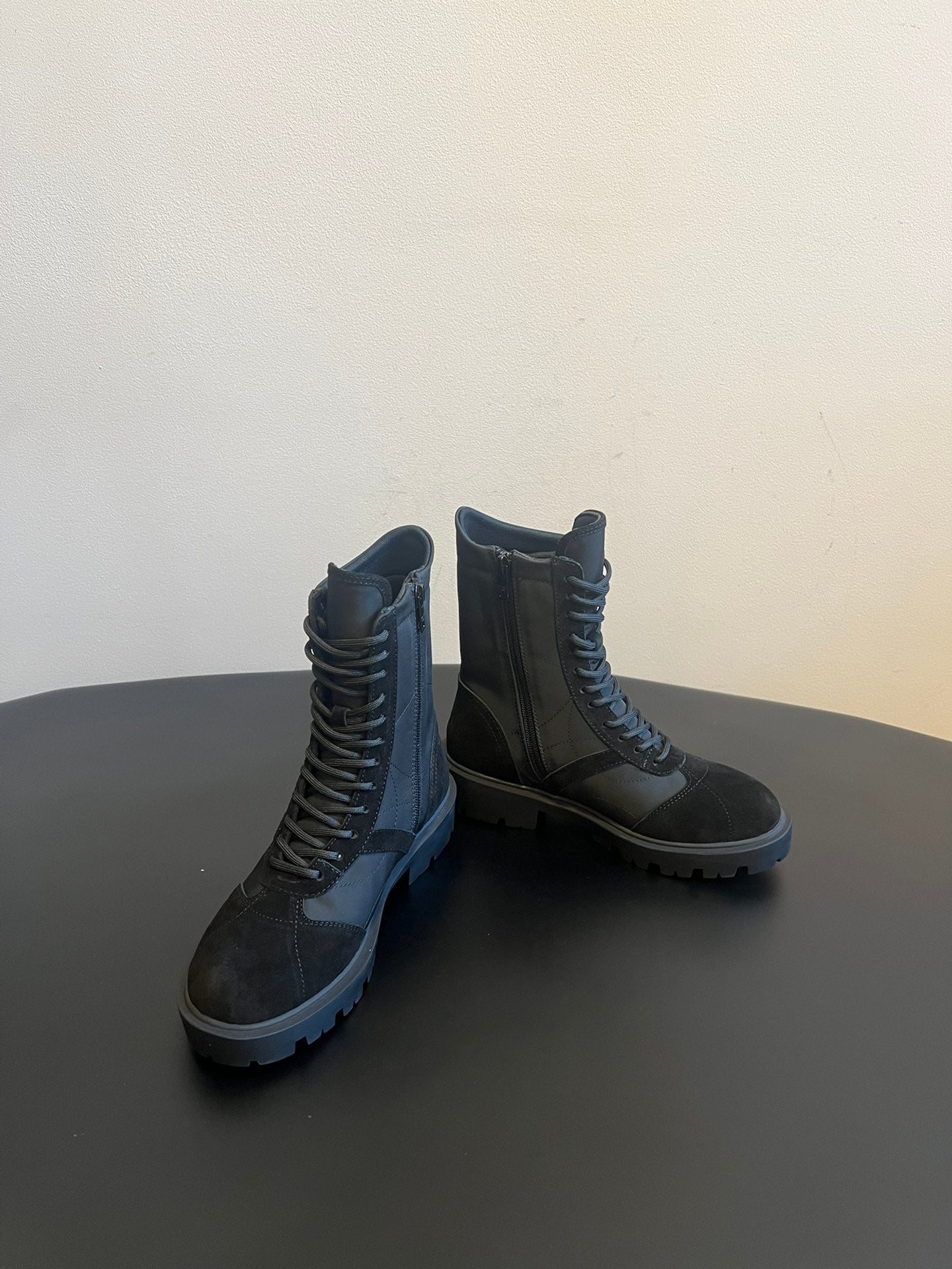 CELINE 26S LACE-UP ANKLE BOOTS IN BLACK SUEDE AND FABRIC