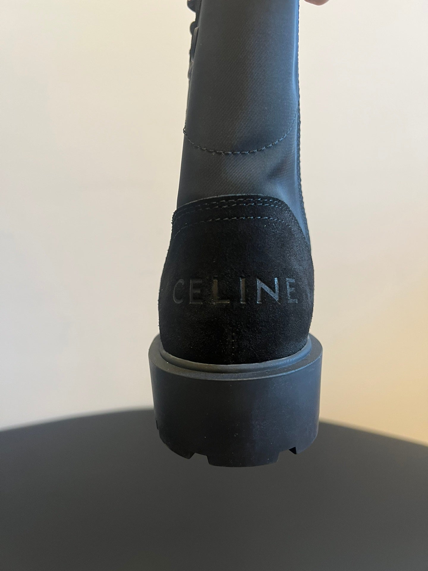 CELINE 26S LACE-UP ANKLE BOOTS IN BLACK SUEDE AND FABRIC