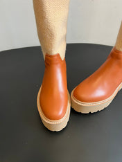 CELINE 26S HIGH-TOP BOOTS 60 MM IN ORANGE BROWN CALFSKIN AND BEIGE WOOL