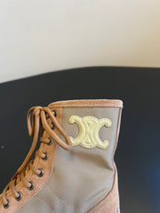 CELINE 26S MARGARET COMBAT BOOT 45 MM IN SAND BEIGE CANVAS AND SUEDE