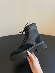 CELINE 26S MARGARET COMBAT BOOT 45 MM IN BLACK CANVAS AND SUEDE