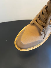 CELINE 26S BULKY LACE-UP BOOTS 45 MM IN SAND BEIGE CANVAS AND CALFSKIN