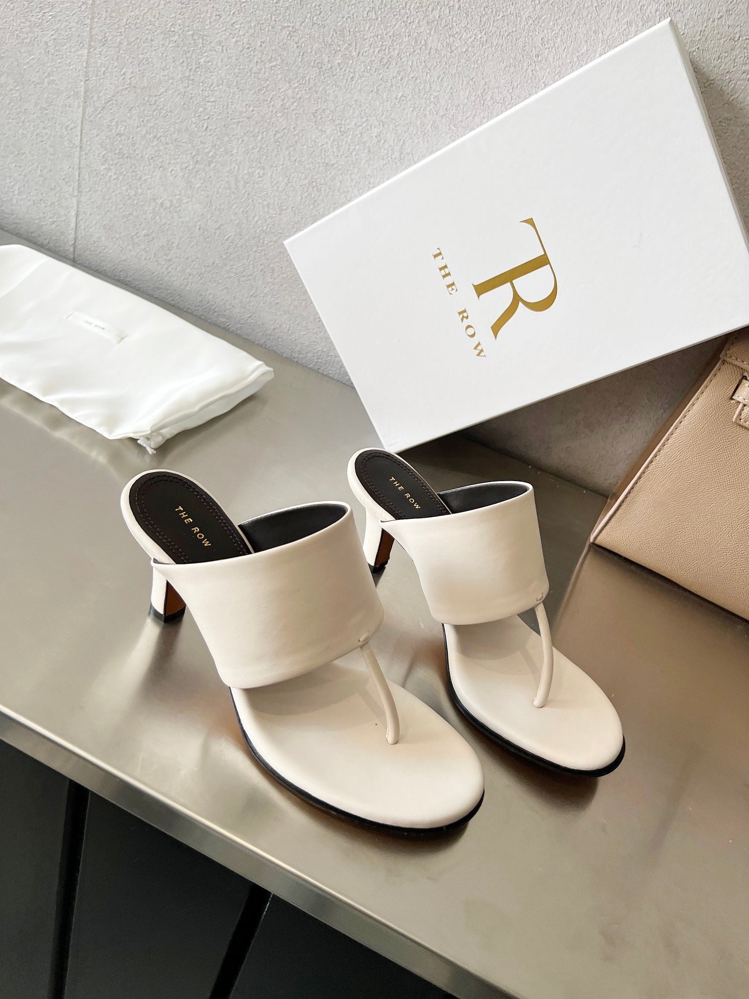 THE ROW 26S HEELED THONG MULES 60MM IN WHITE CALFSKIN