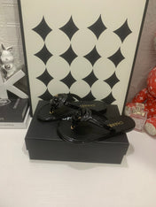 CHANEL 26S THONG SANDALS IN BLACK LAMBSKIN WITH FLORAL