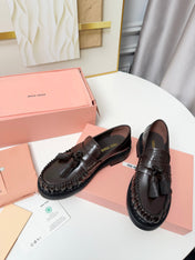 MIUMIU 26S TASSEL LOAFERS IN DARK BROWN CALFSKIN