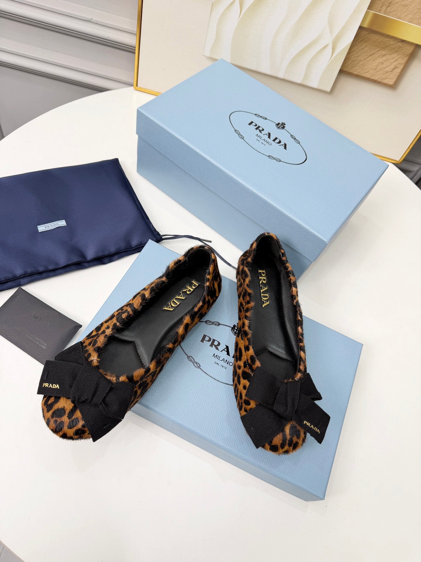 PRADA 26S BALLERINA FLATS IN BROWN LEOPARD PRINT PONY HAIR WITH BOW