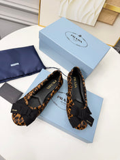 PRADA 26S BALLERINA FLATS IN BROWN LEOPARD PRINT PONY HAIR WITH BOW