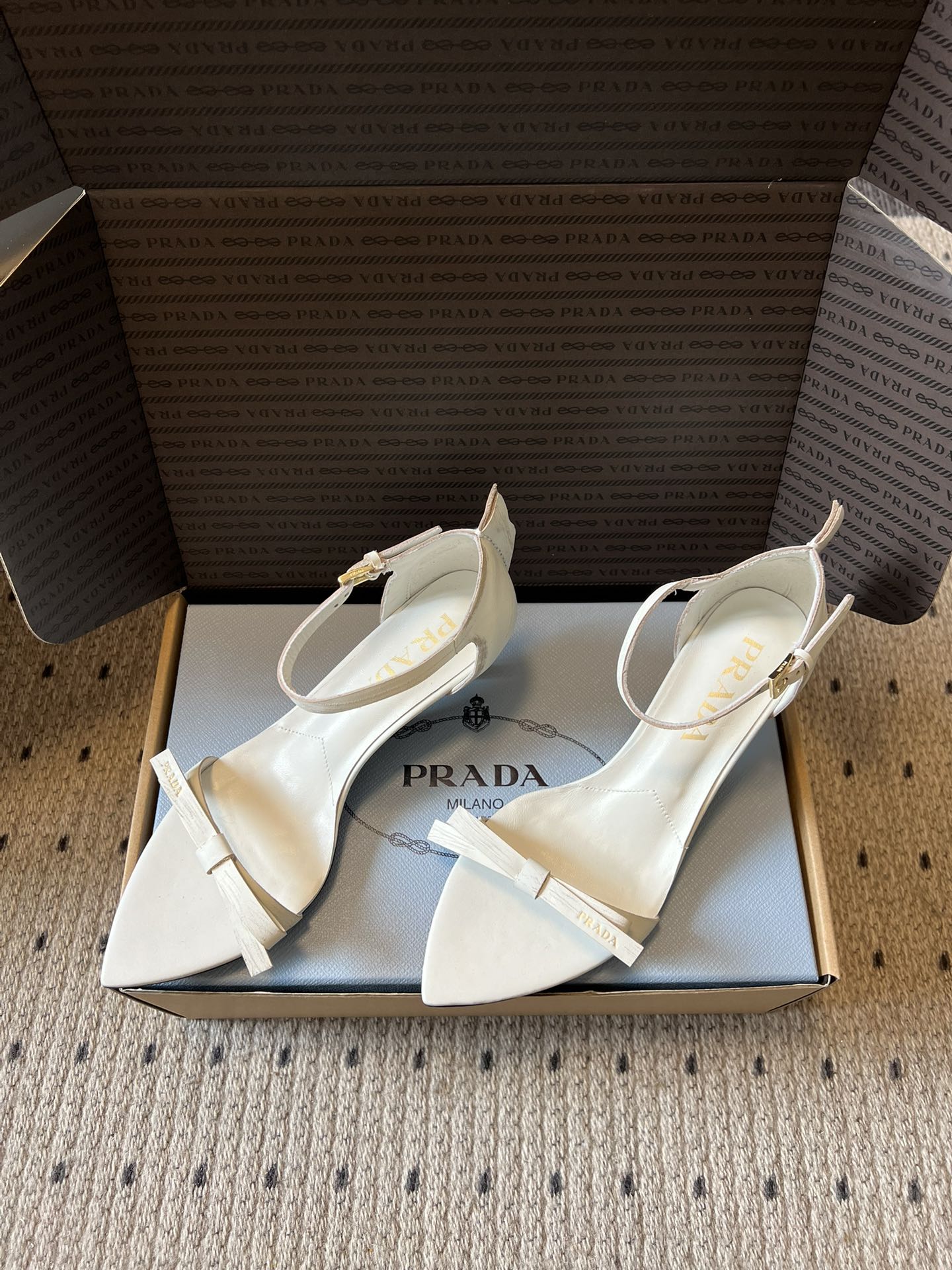 PRADA 26S POINTED-TOE STRAPPY HIGH-HEEL SANDALS 60MM IN CREAM WHITE CALFSKIN