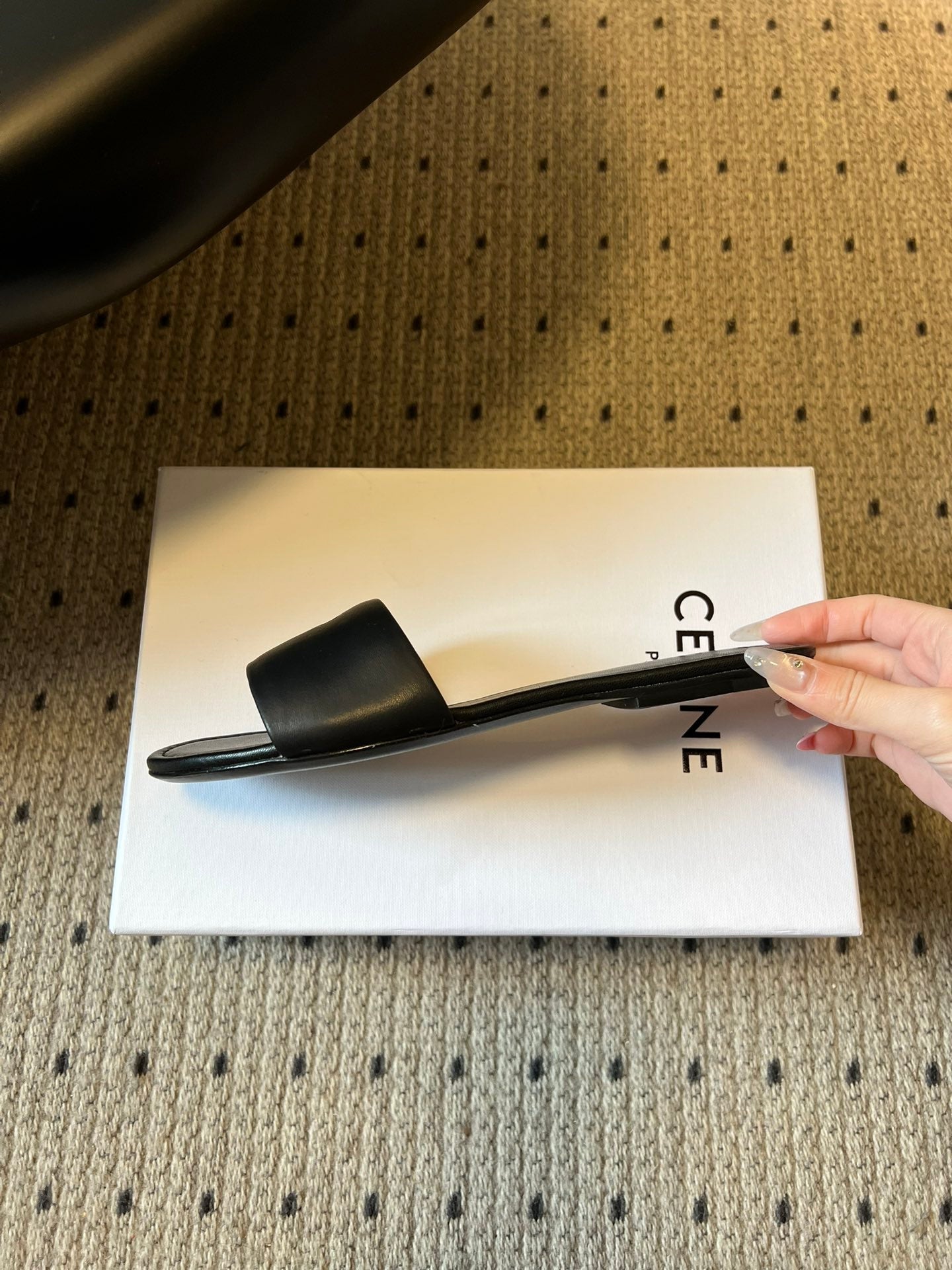 CELINE 26S FLAT SLIDES IN BLACK LAMBSKIN