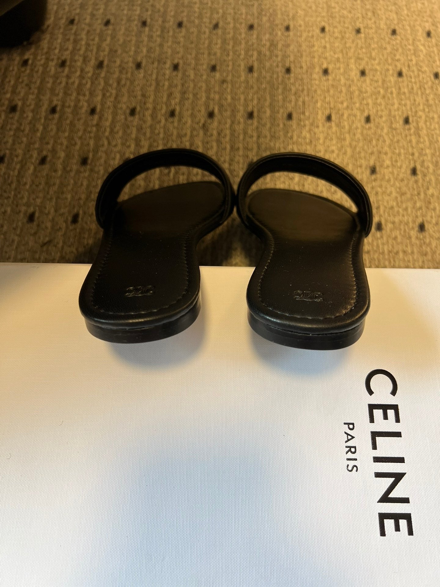 CELINE 26S FLAT SLIDES IN BLACK LAMBSKIN