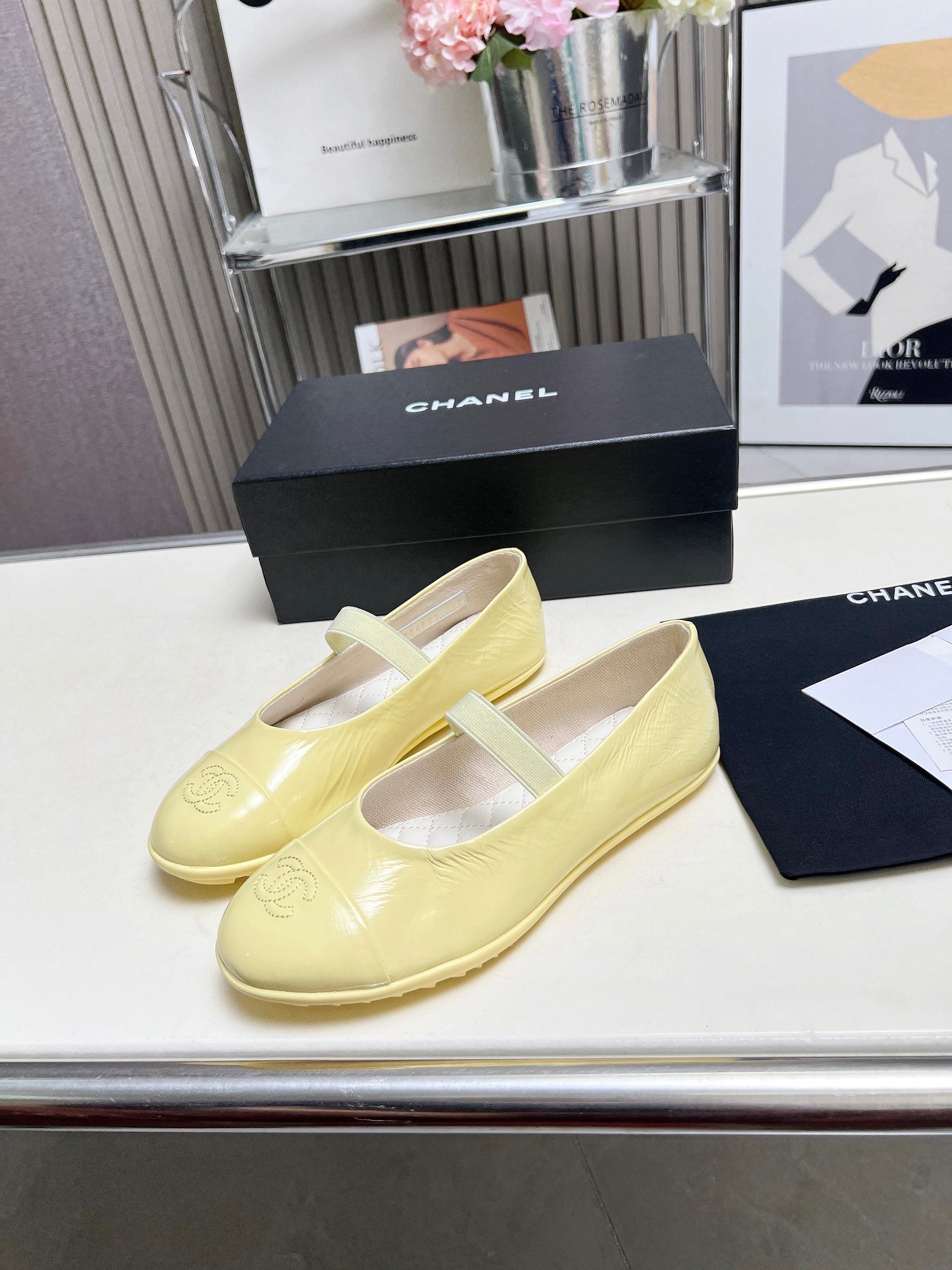 CHANEL 26S MARY JANE FLATS IN LIGHT YELLOW CALFSKIN