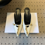 BALMAIN 26S GOLD CHAIN HIGH HEEL MULES 45 MM IN WHITE CALFSKIN