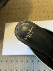 BALMAIN 26S GOLD CHAIN HIGH HEEL MULES 45 MM IN MINT GREEN CALFSKIN
