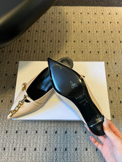 BALMAIN 26S GOLD CHAIN HIGH HEEL MULES 45 MM IN BEIGE CALFSKIN