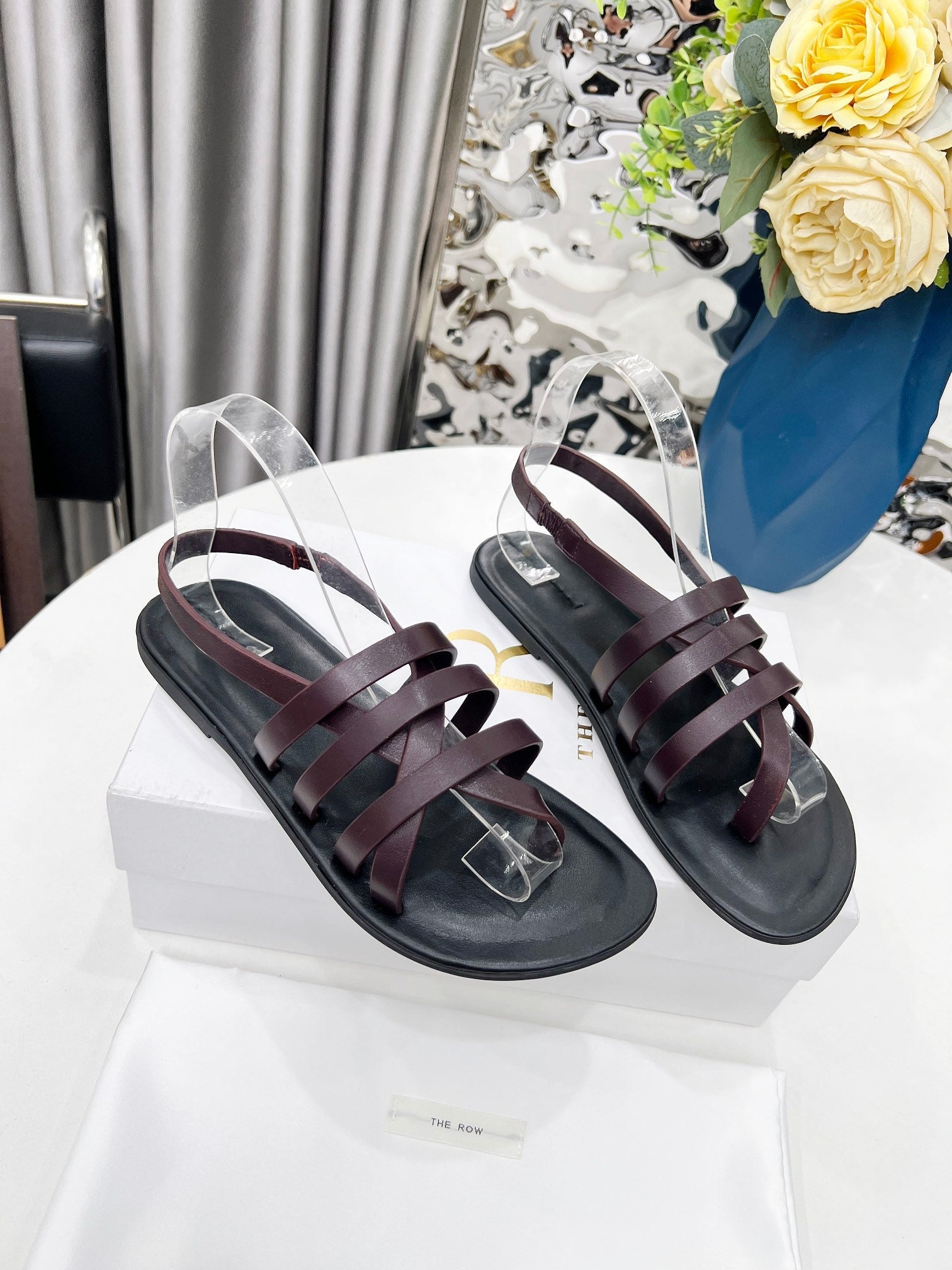 THE ROW 26S MINIMAL STRAPPY FLAT SANDALS IN WINE RED CALFSKIN