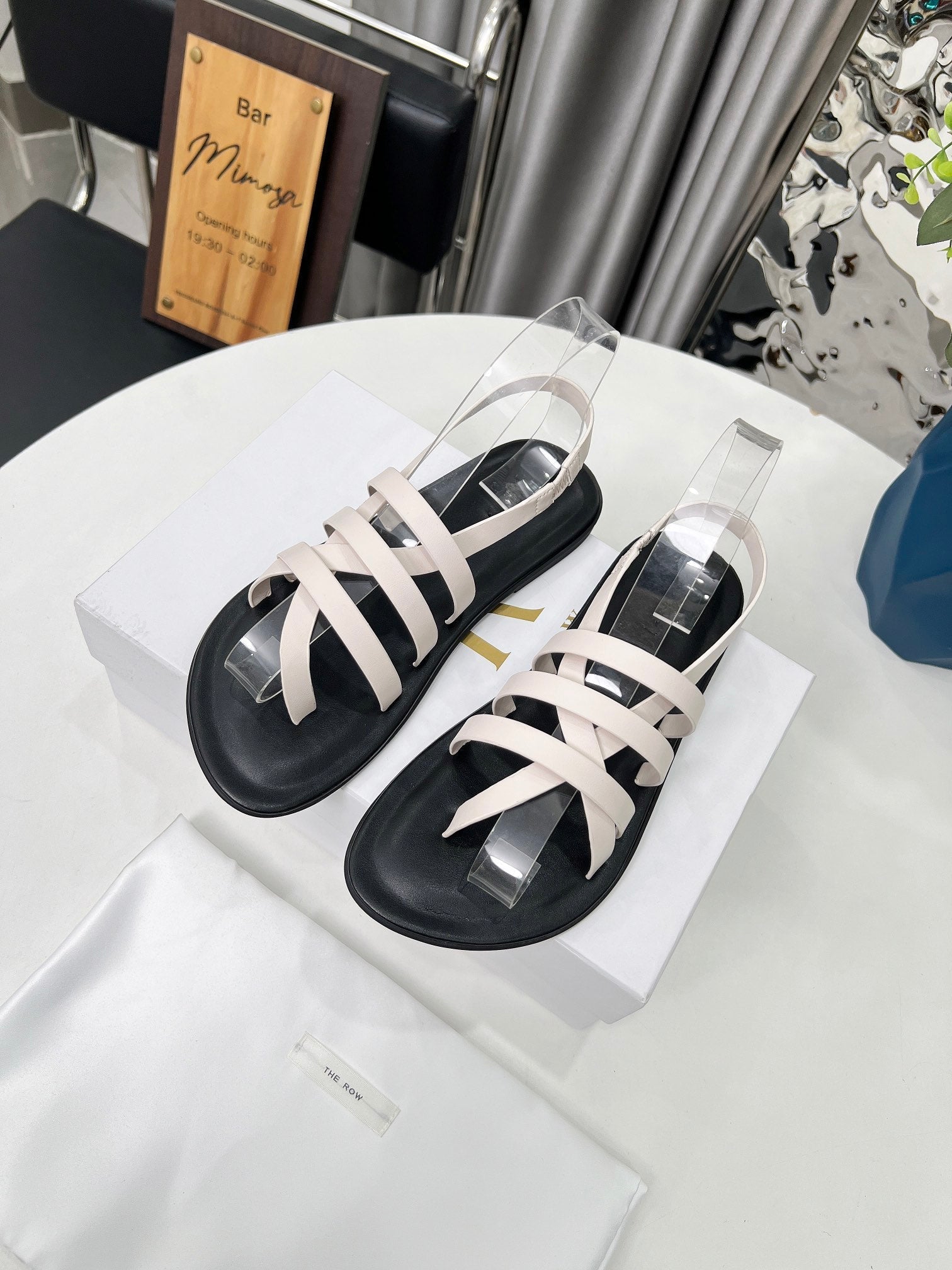 THE ROW 26S MINIMAL STRAPPY FLAT SANDALS IN WHITE CALFSKIN