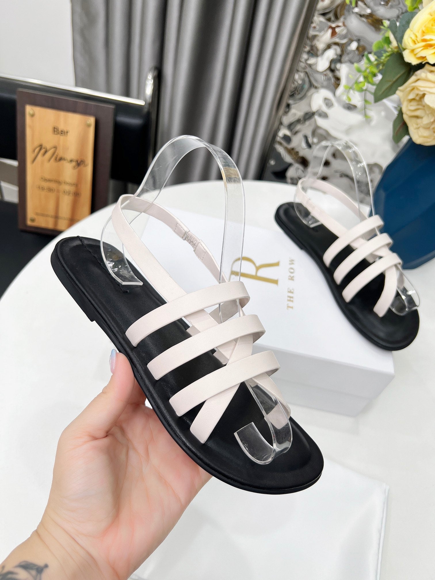 THE ROW 26S MINIMAL STRAPPY FLAT SANDALS IN WHITE CALFSKIN